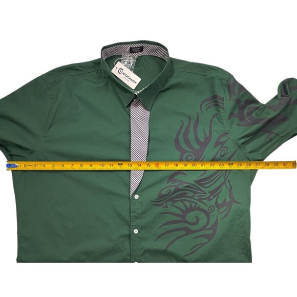 NWT Y2K 90s Coofandy Tribal Big Bold Graphic Button Flip Cuff Shirt Green 2XL - Picture 13 of 16